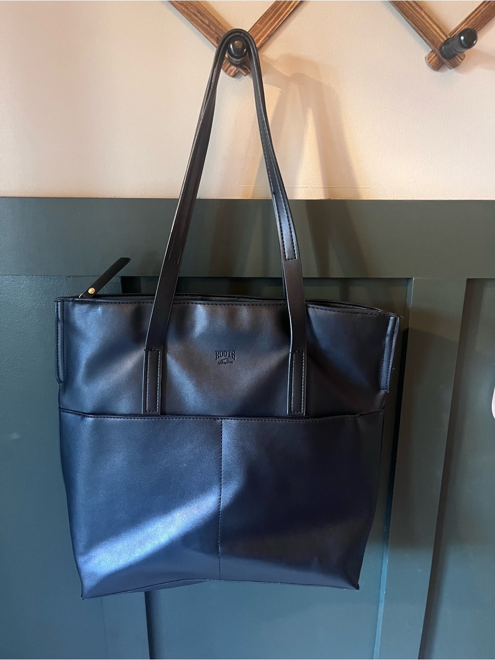 Roots Black Leather-Look Tote with Front Pocket